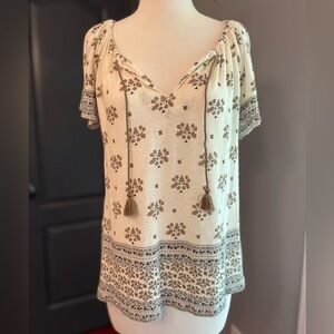 Lucky Brand Boho Cotton Blend Floral Print Cream Top w Tassels